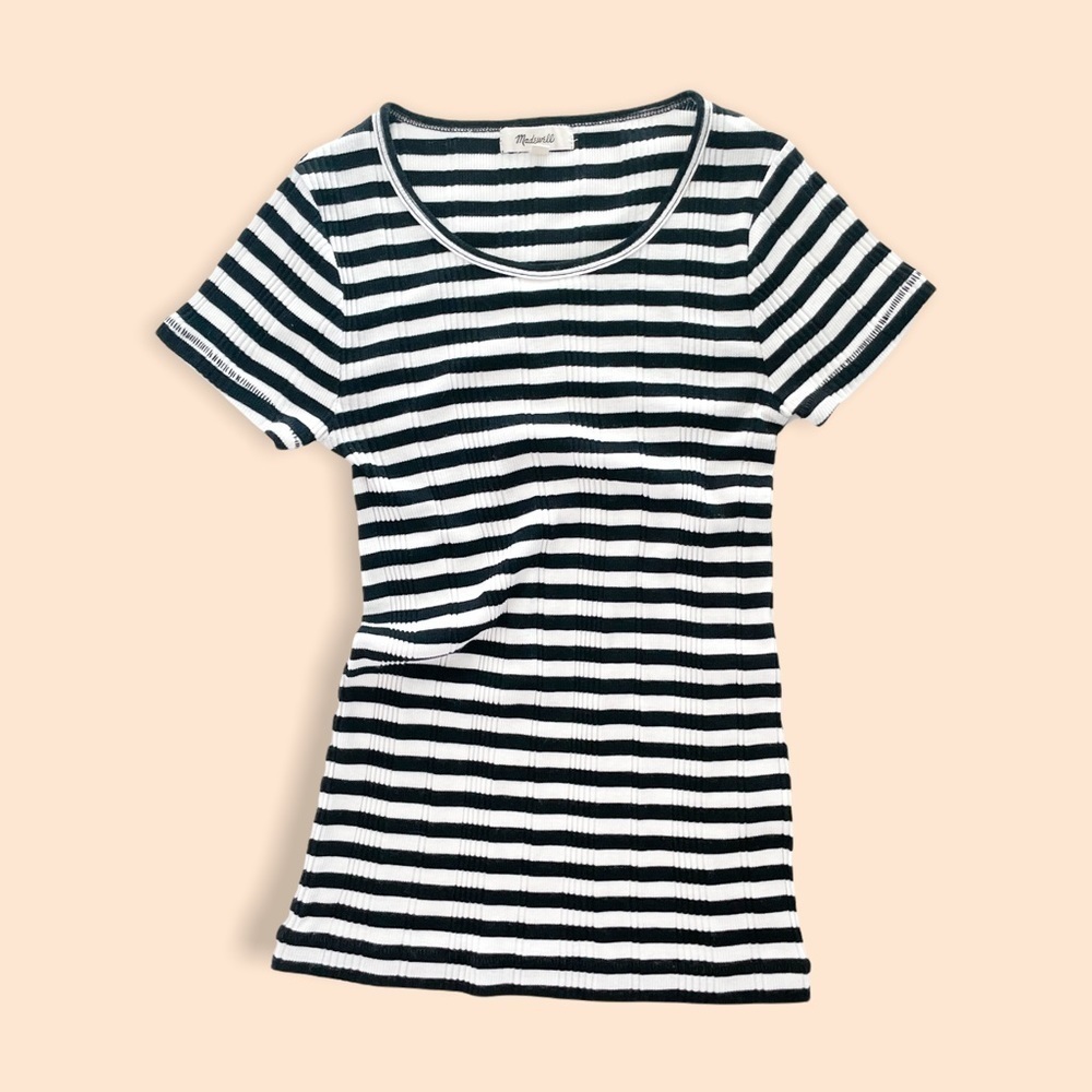 MADEWELL |  Slim Ribbed In Sandoval Black White Crew Neck Stripe Tee Shirt XS